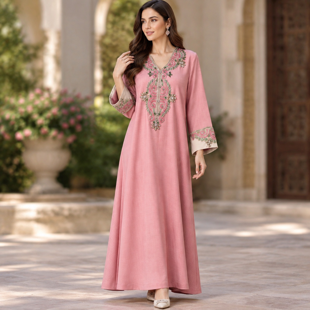 Summer Clothing Pakistan - ゆったりとしたシルエットの、リラックス感のあるロングドレス。ビーズがあしらわれた上品なデザインで、長袖または普通の袖の長さがあり、夏のパーティーにぴったりの女性用。