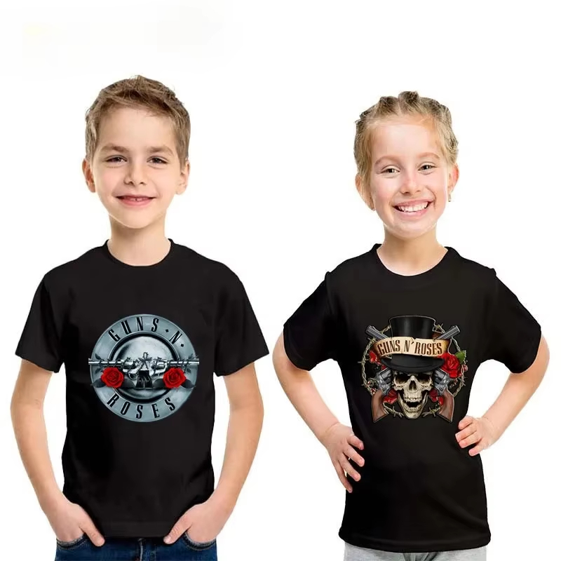 Summer Clothing Baby Girl - ガンズ・アンド・ローゼズのプリントが施された、おしゃれな子供用Tシャツ。女の子向け、夏用、綿素材、半袖、ベビー用、男の子用、子供服。